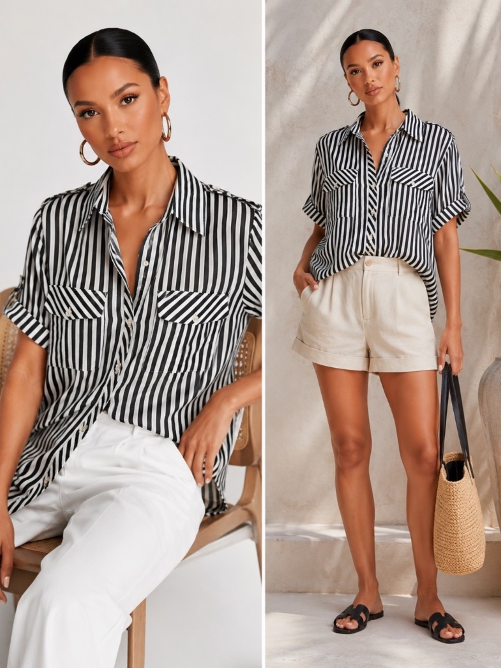 Norma Kamali 100% Cotton Striped Dress Shirt Roll Tab Sleeve Women Size XL